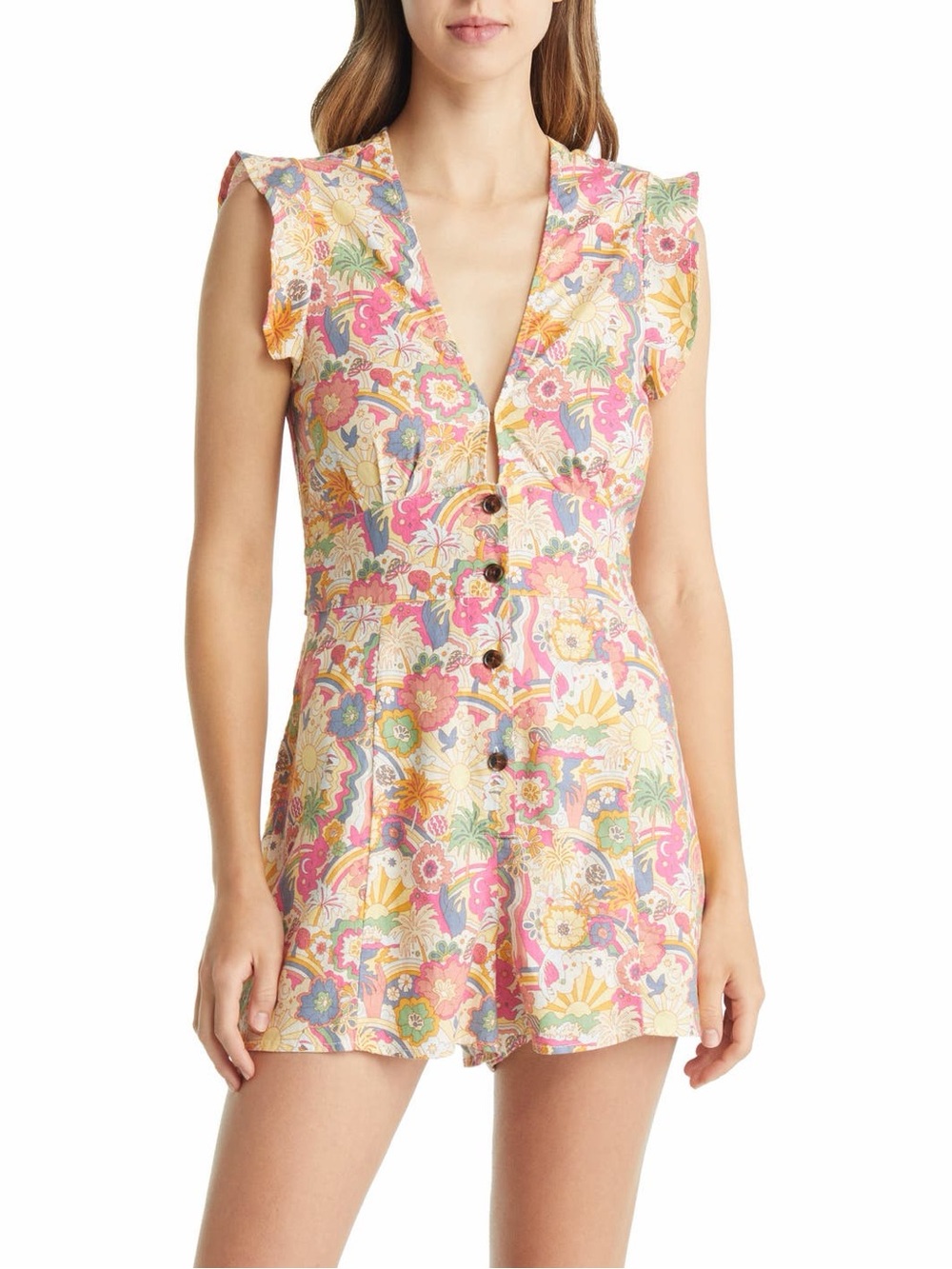 Marine Layer Camila Romper XS Vintage Floral Hemp Tencel Ruffle $128